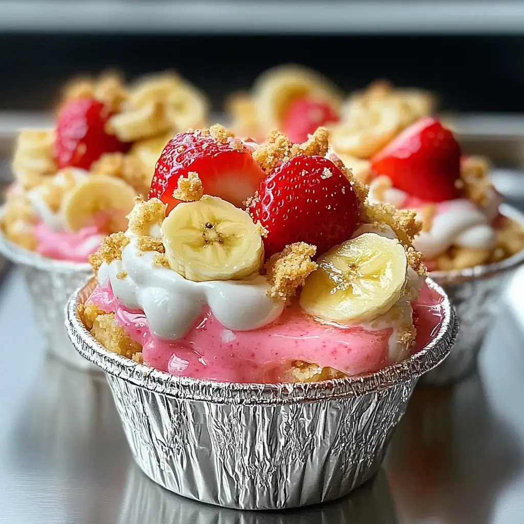 Trois coupes individuelles avec glaçage rose, rondelles de banane, fraises et biscuits concassés.