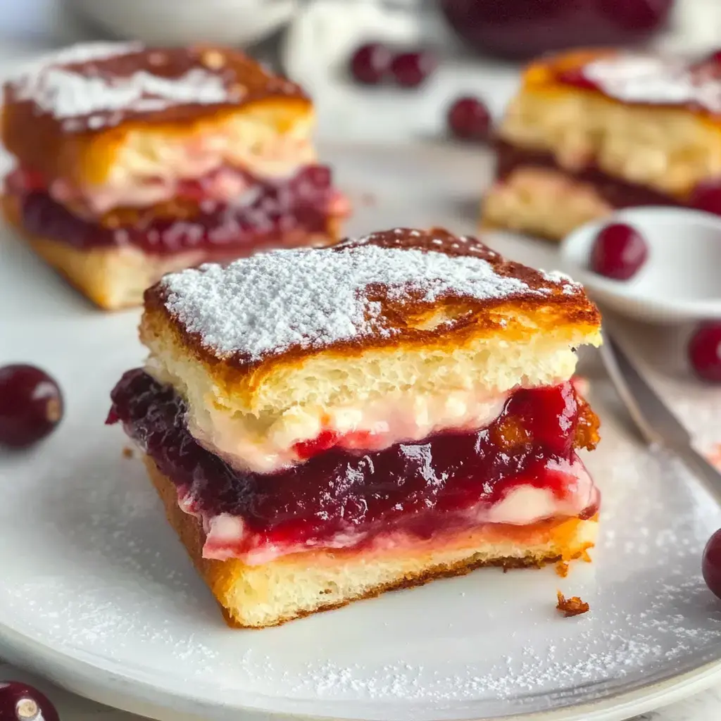 Un gros plan d’une part de dessert avec couches de crème, garniture de fruits et sucre glace dans une assiette blanche, avec d'autres parts et des canneberges en arrière-plan.