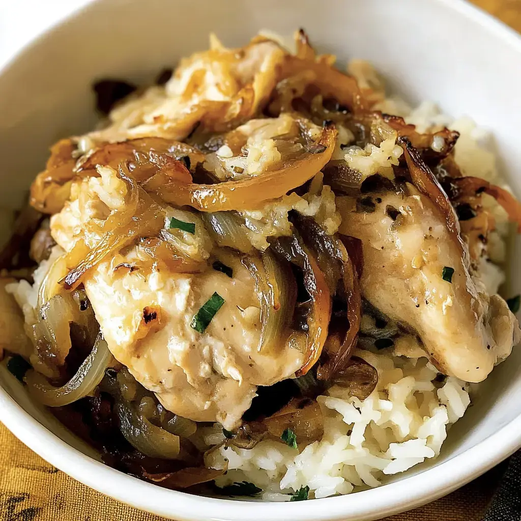 Un bol de riz cuit garni de morceaux de poulet tendre et d’oignons caramélisés.