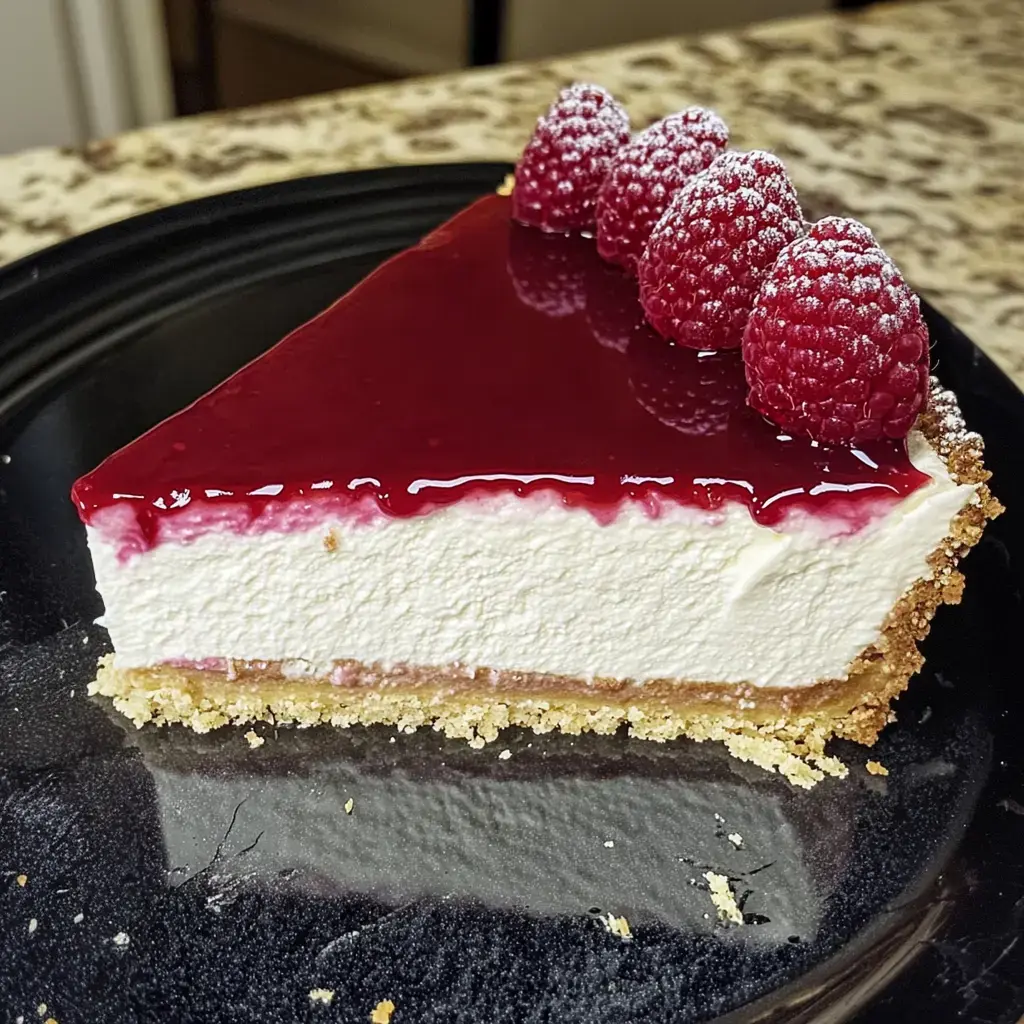 Une part de cheesecake à la framboise avec un nappage brillant et des framboises fraîches servie sur une assiette noire.