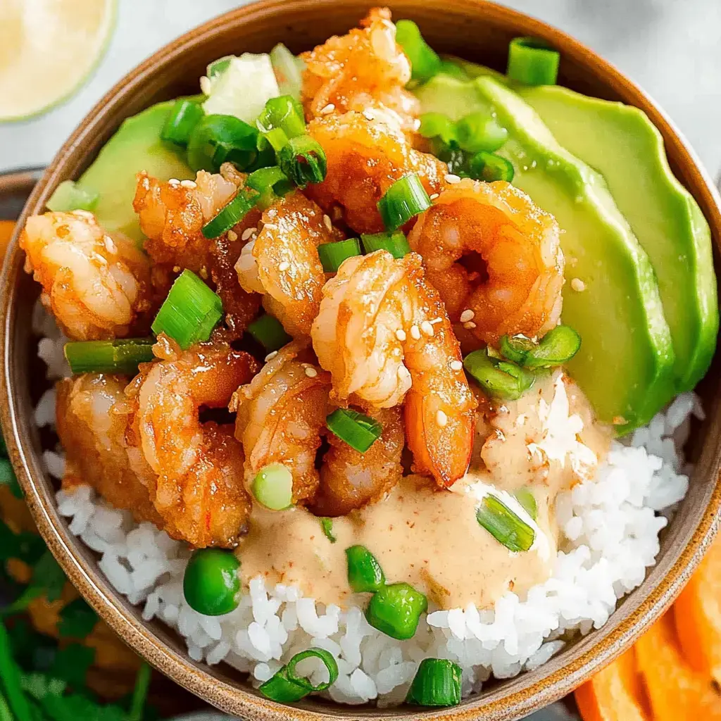 Un bol de riz garni de crevettes, tranches d'avocat, oignons verts et une sauce onctueuse.