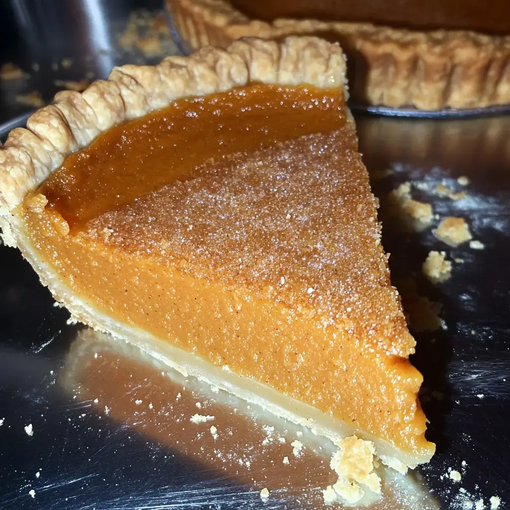 Une part de tarte à la patate douce avec une croûte dorée et une garniture lisse, posée sur une surface brillante.