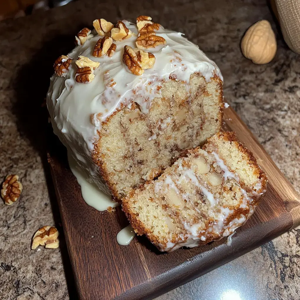 Un gâteau tranché avec glaçage et décoré de noix de pécan présenté sur une planche en bois.