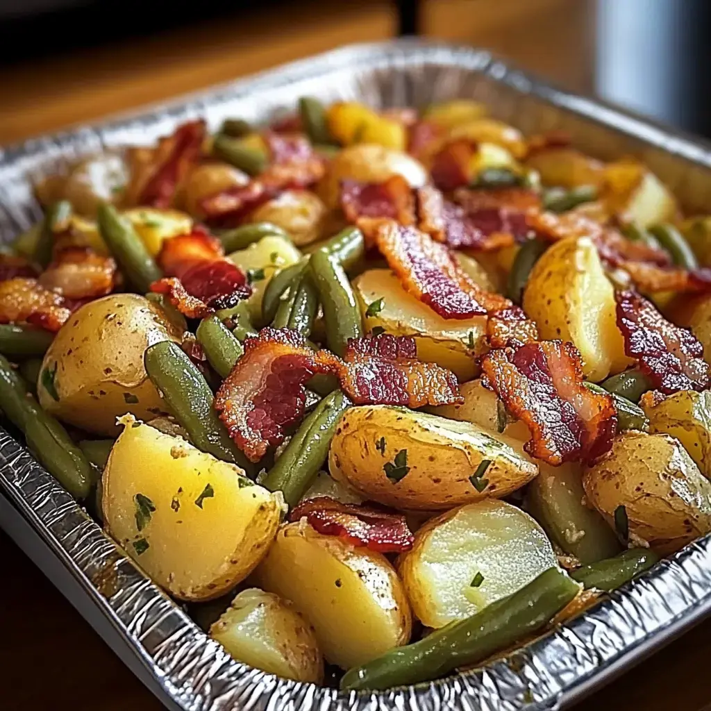 Un plat garni de pommes de terre rôties, haricots verts et bacon croustillant.