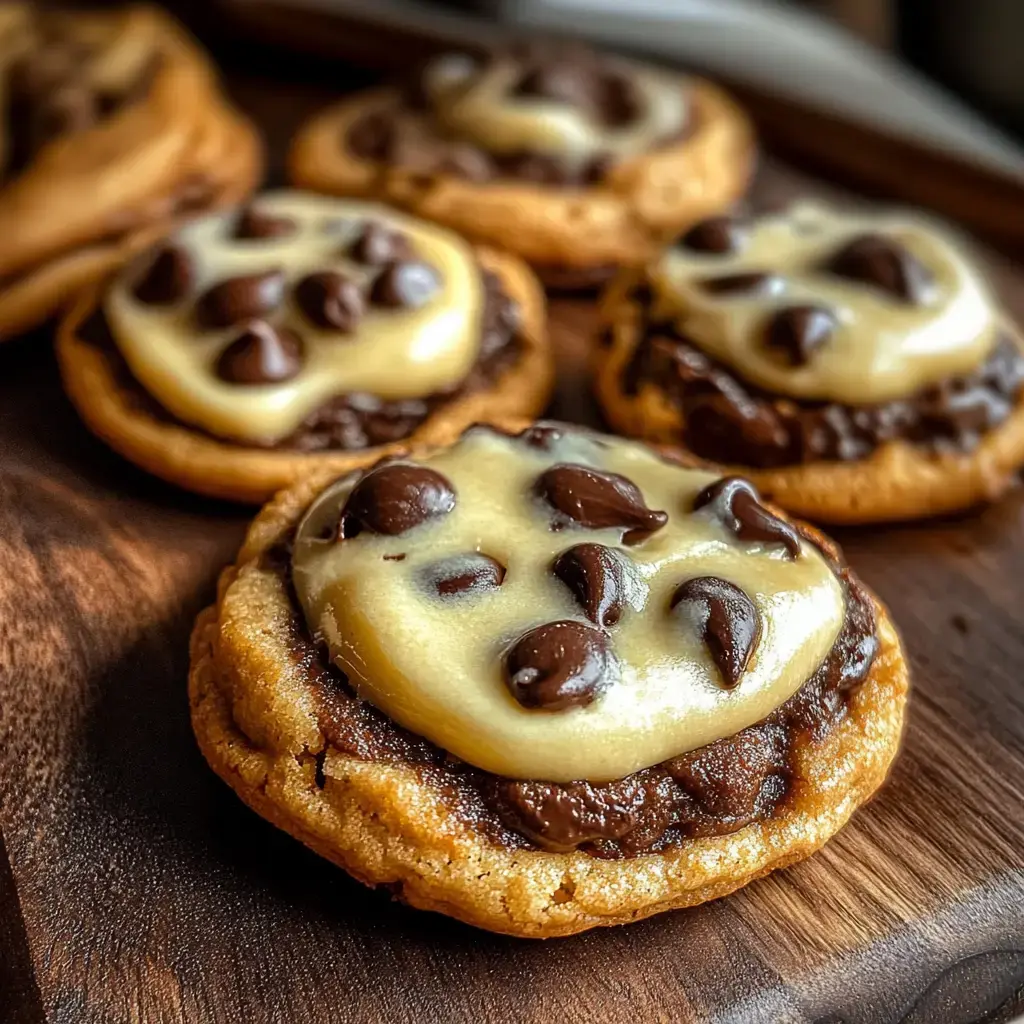 Gros plan sur des cookies fraîchement cuits, ornés d’un nappage au chocolat et de morceaux de pâte à cookie, disposés sur une table en bois.