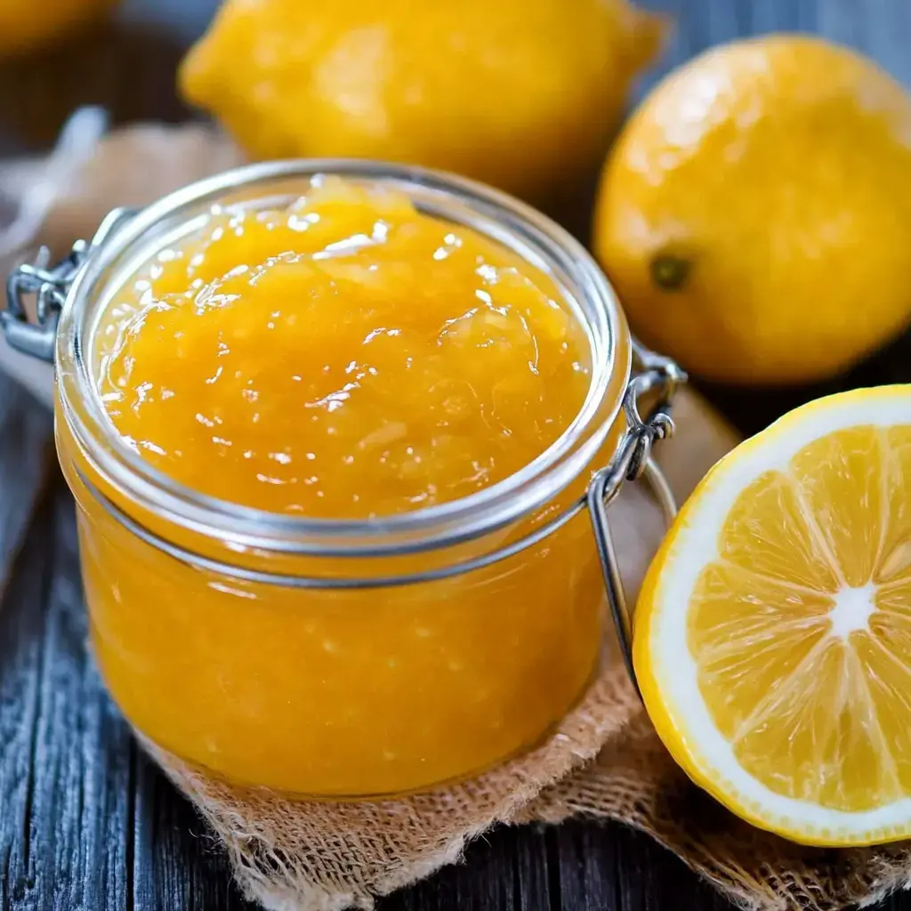 Un pot de confiture de citron maison posé à côté de citrons entiers et coupés sur une surface rustique.