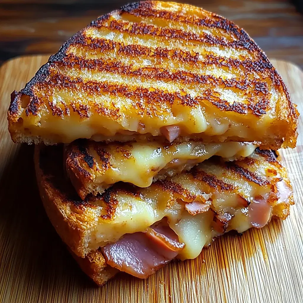 Un plan rapproché d'un sandwich chaud empilé avec fromage fondu et jambon, posé sur une planche en bois.