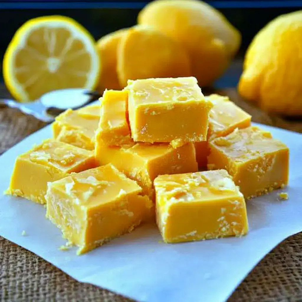 Des carrés de fudge jaunes éclatants sont disposés sur du papier parchemin, avec des citrons entiers et une cuillère en arrière-plan.