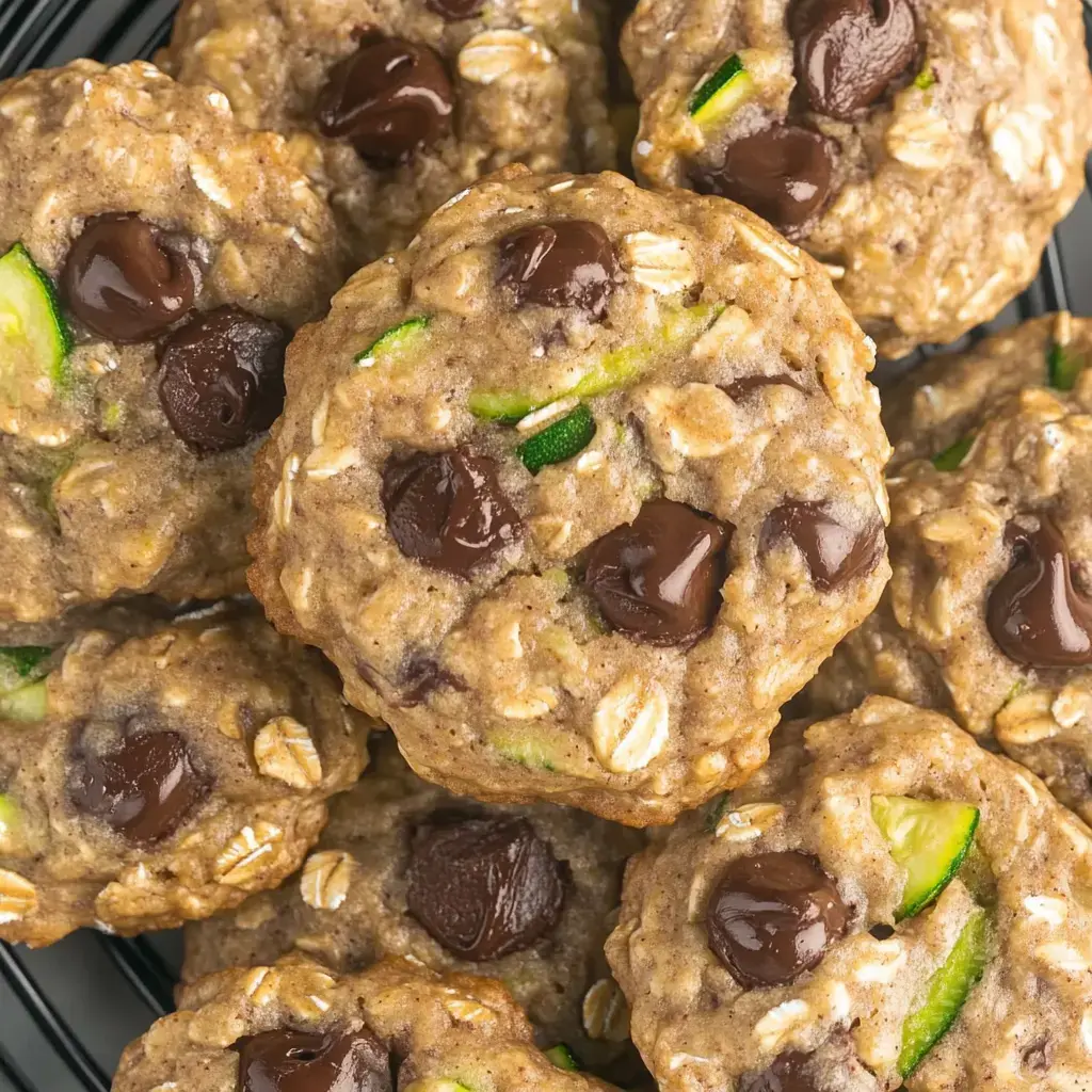 Gros plan sur des biscuits fraîchement cuits, avec pépites de chocolat et courgette verte visible dans la pâte.