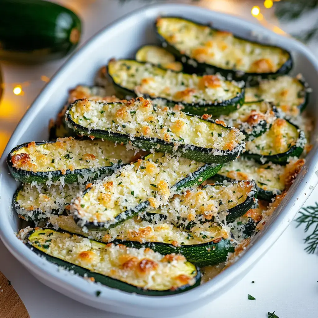 Un plat blanc rempli de courgettes gratinées dorées au parmesan et aux herbes.