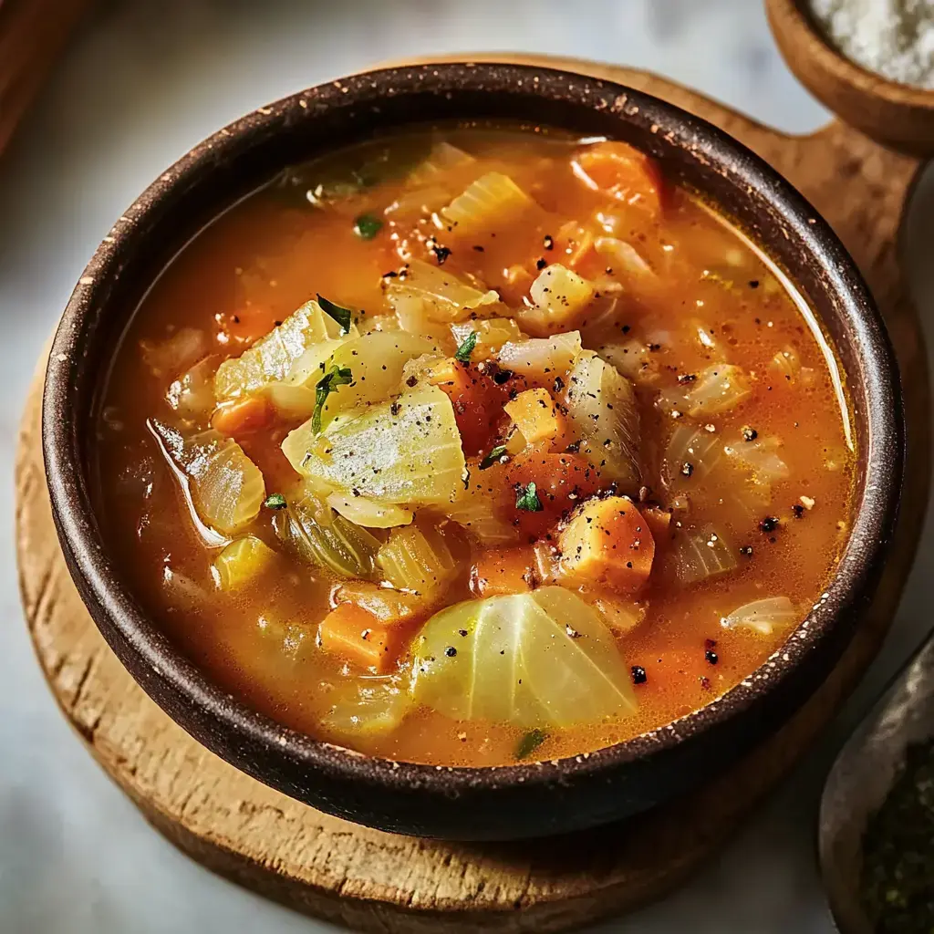 Un bol de soupe aux légumes avec des morceaux de carottes, céleri et herbes, posé sur une table en bois.