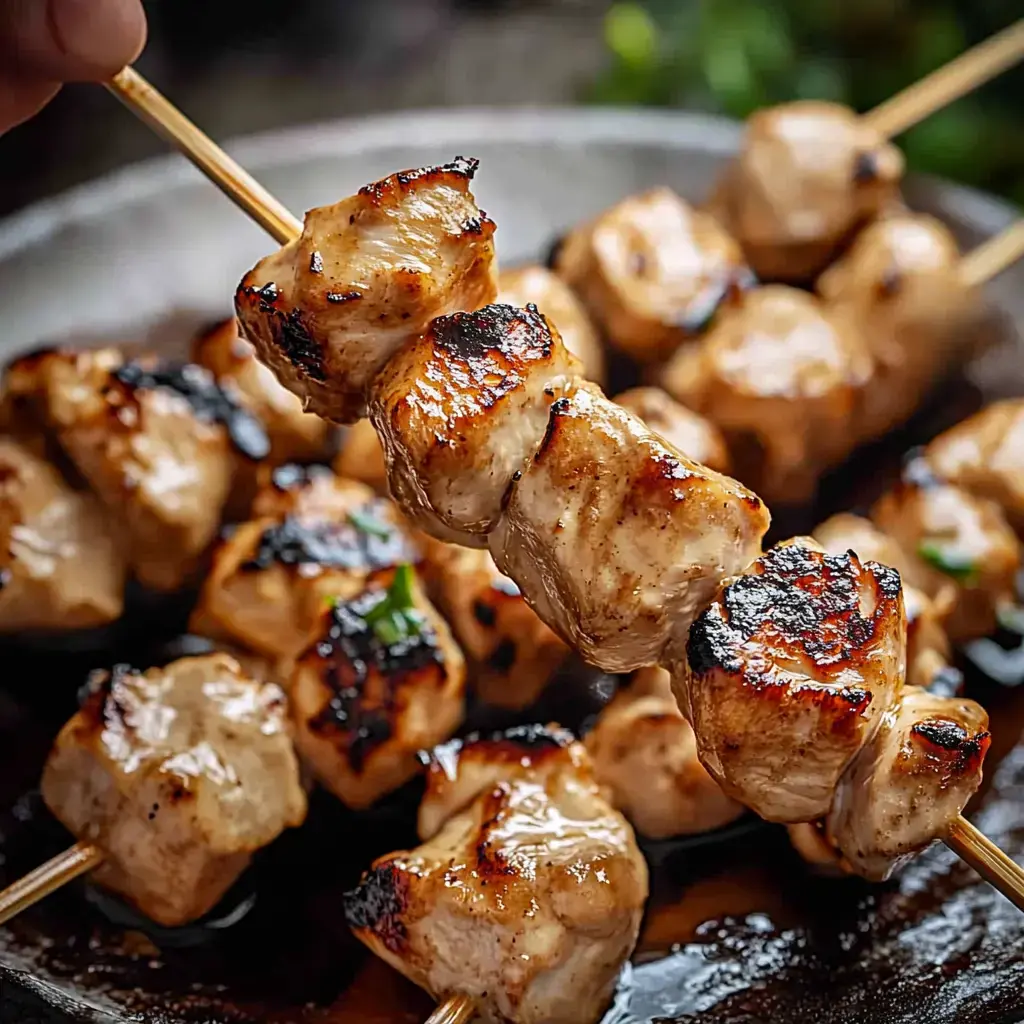 Gros plan de brochettes de poulet grillées, avec une brochette tenue au-dessus d'une assiette remplie de brochettes.