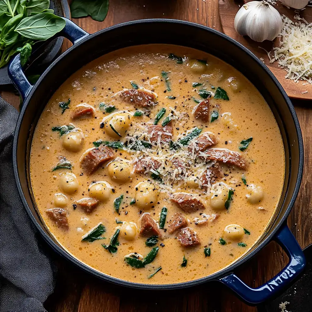 Une soupe crémeuse aux gnocchis, saucisse et épinards, parsemée de fromage râpé, servie dans une marmite bleu foncé.