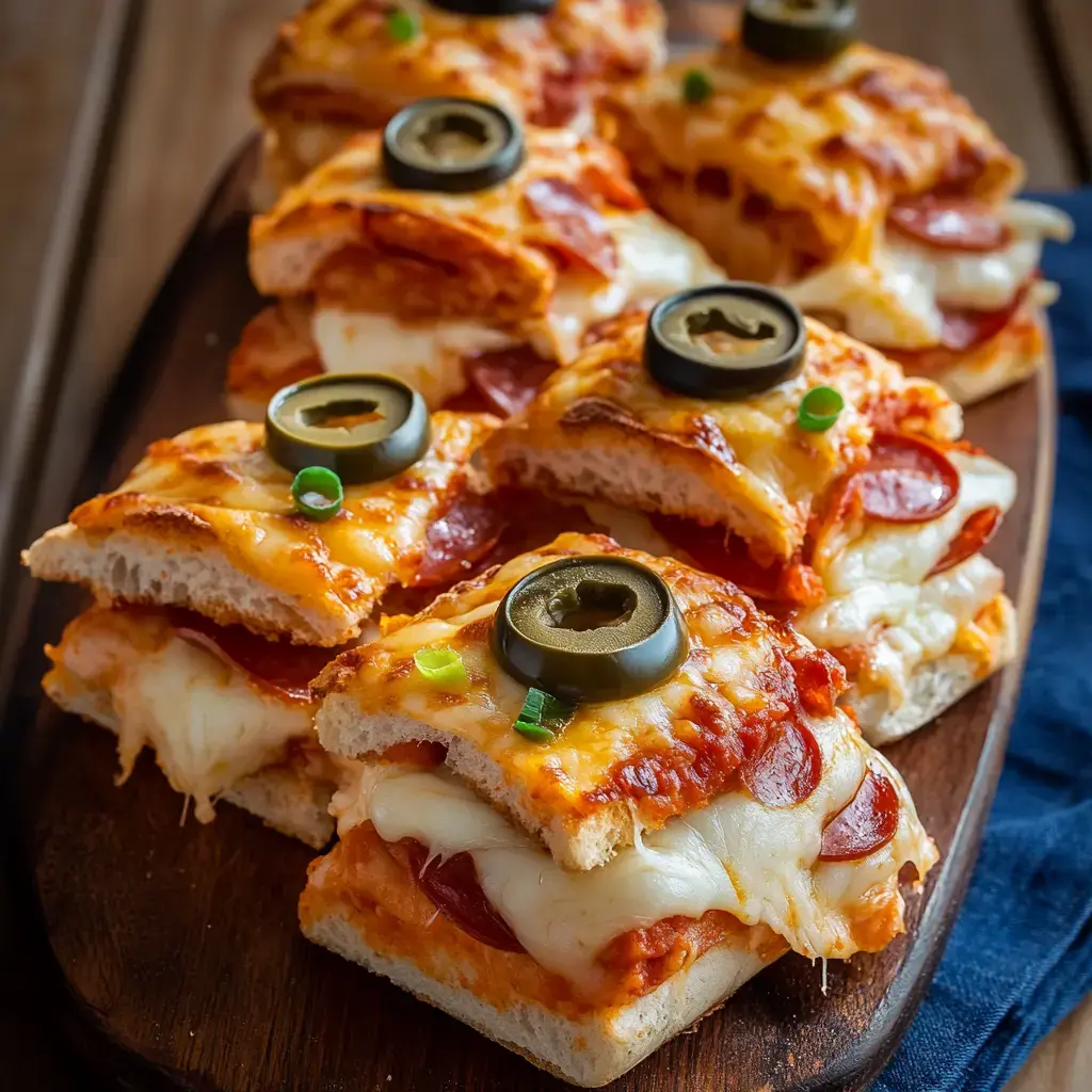 Un plateau en bois avec plusieurs morceaux rectangulaires de pizza fromage et pepperoni, décorées d'olives noires et d'oignons verts.