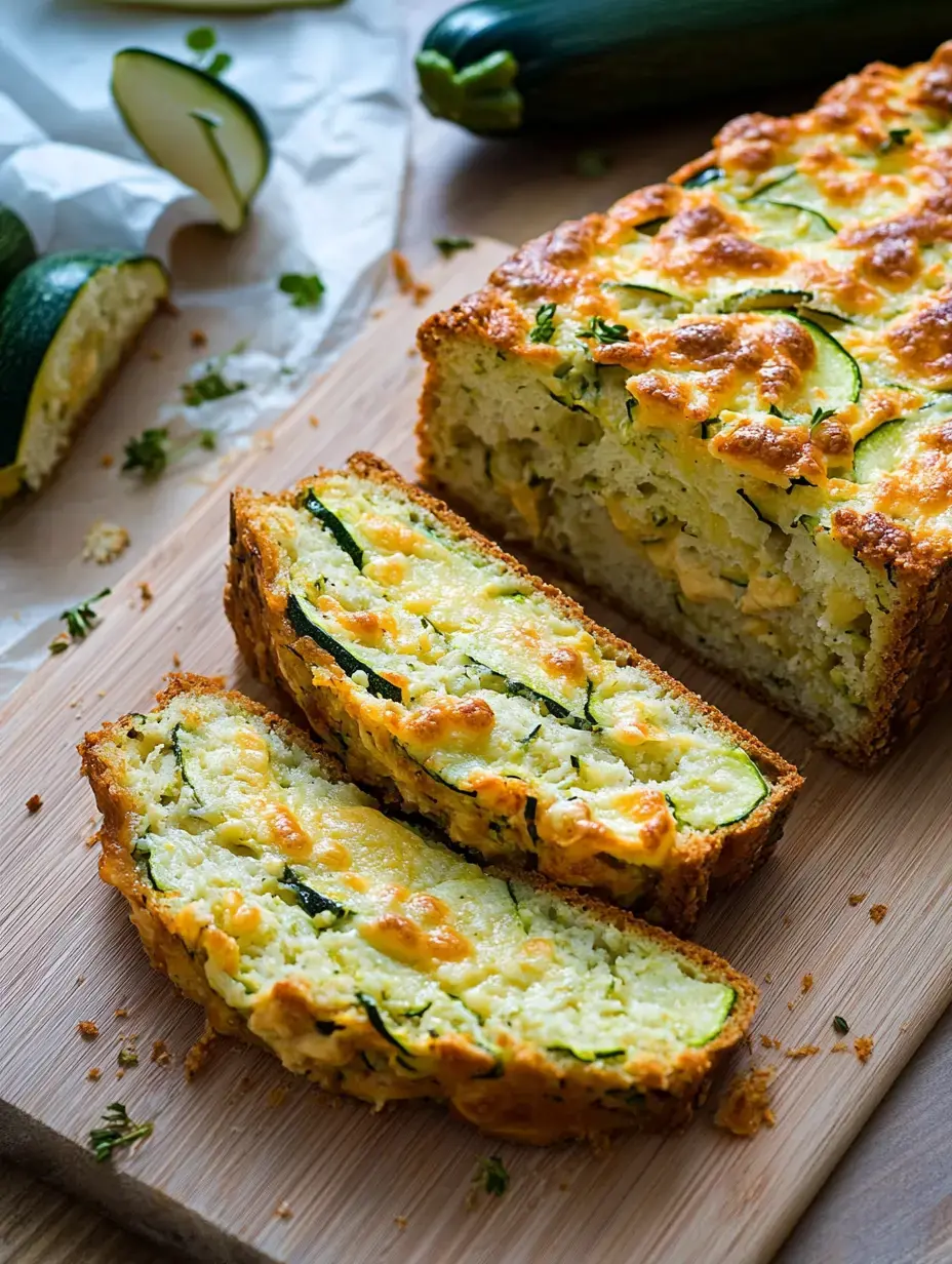 Une miche de pain aux courgettes est tranchée sur une planche en bois, révélant un intérieur moelleux et fromager, avec des courgettes entières à côté.