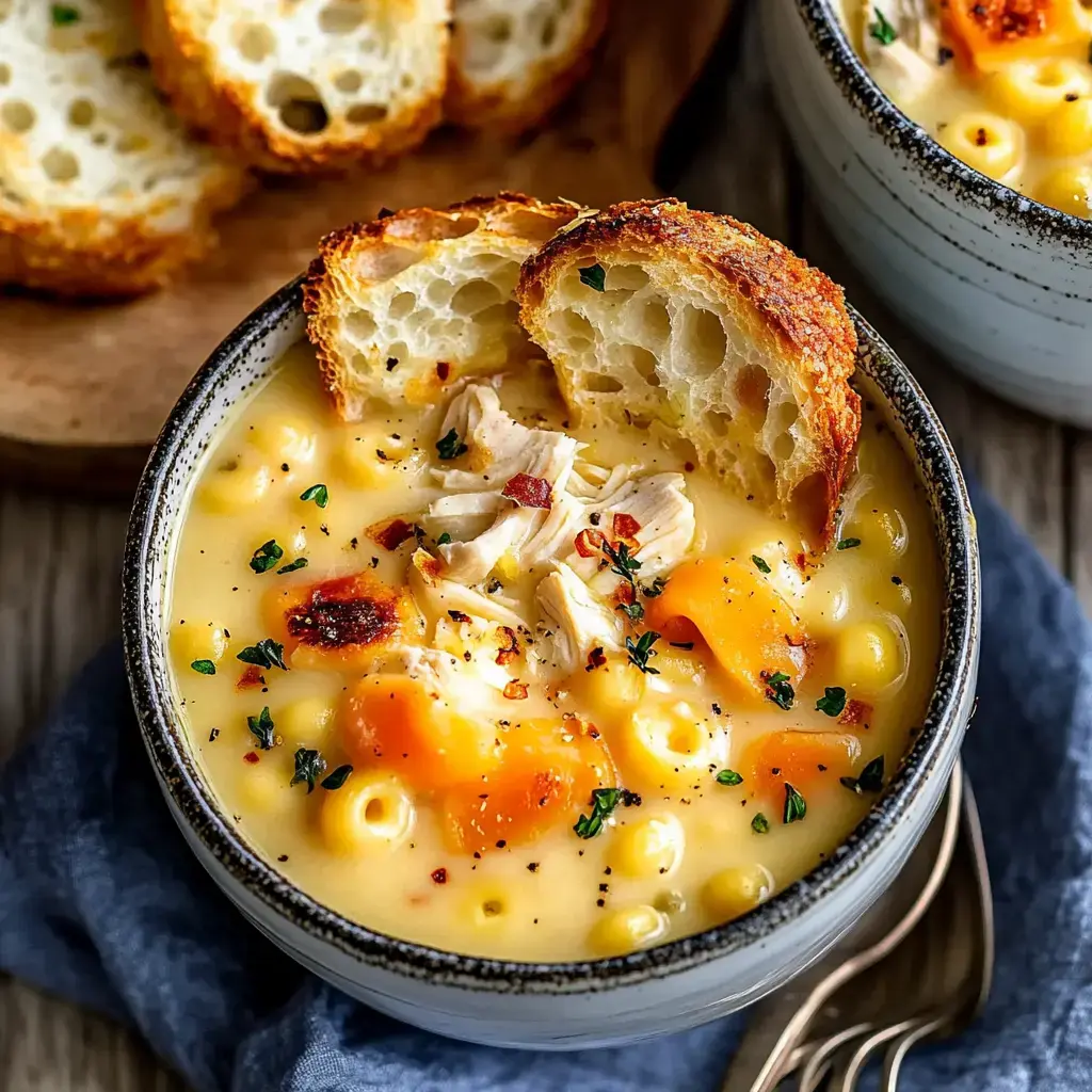 Un gros plan d'un bol de soupe crémeuse au poulet et macaroni, garnie d’herbes et accompagnée d'une tranche de pain grillé.