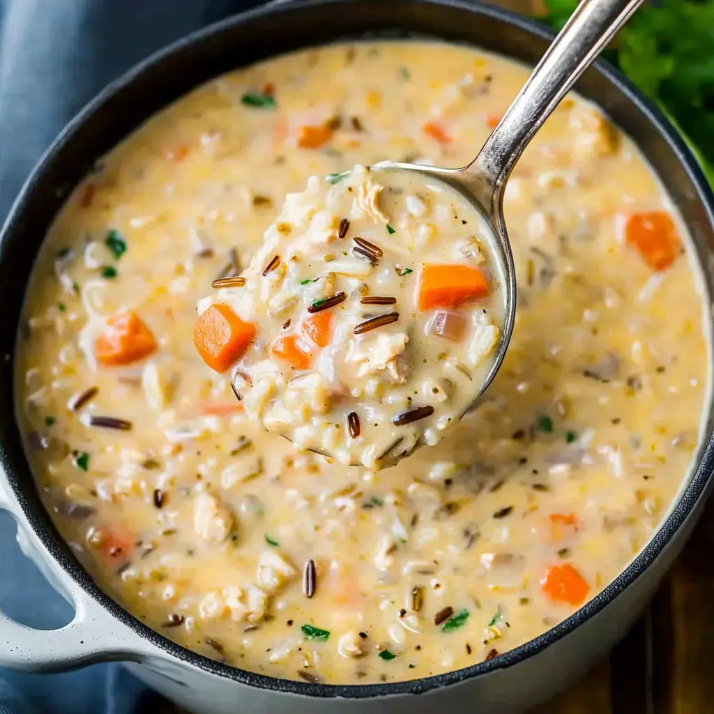 Une cuillère de soupe crémeuse avec poulet, carottes, et riz sauvage est soulevée d'une casserole.