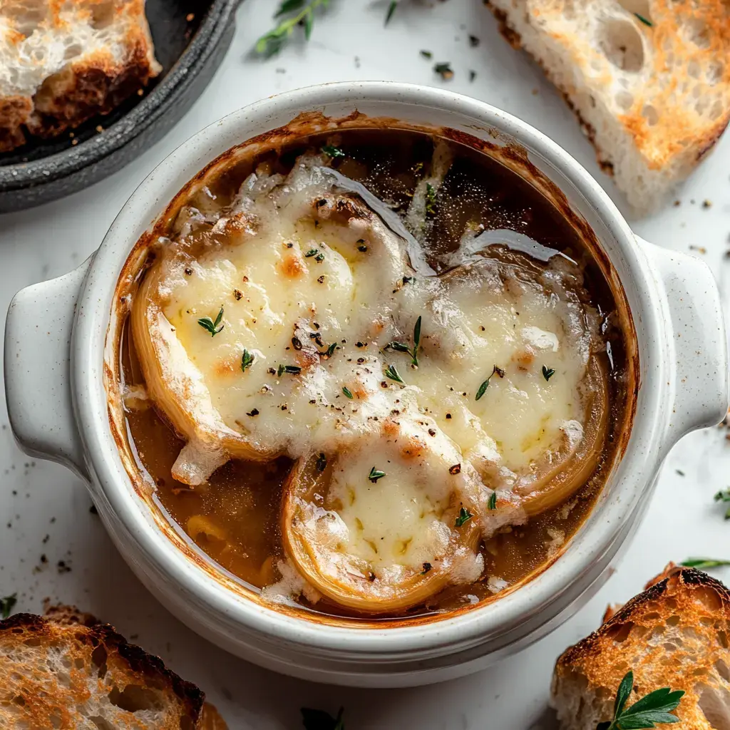 Un bol de soupe à l’oignon garni de fromage fondu et décoré de thym, accompagné de tranches de pain grillées.