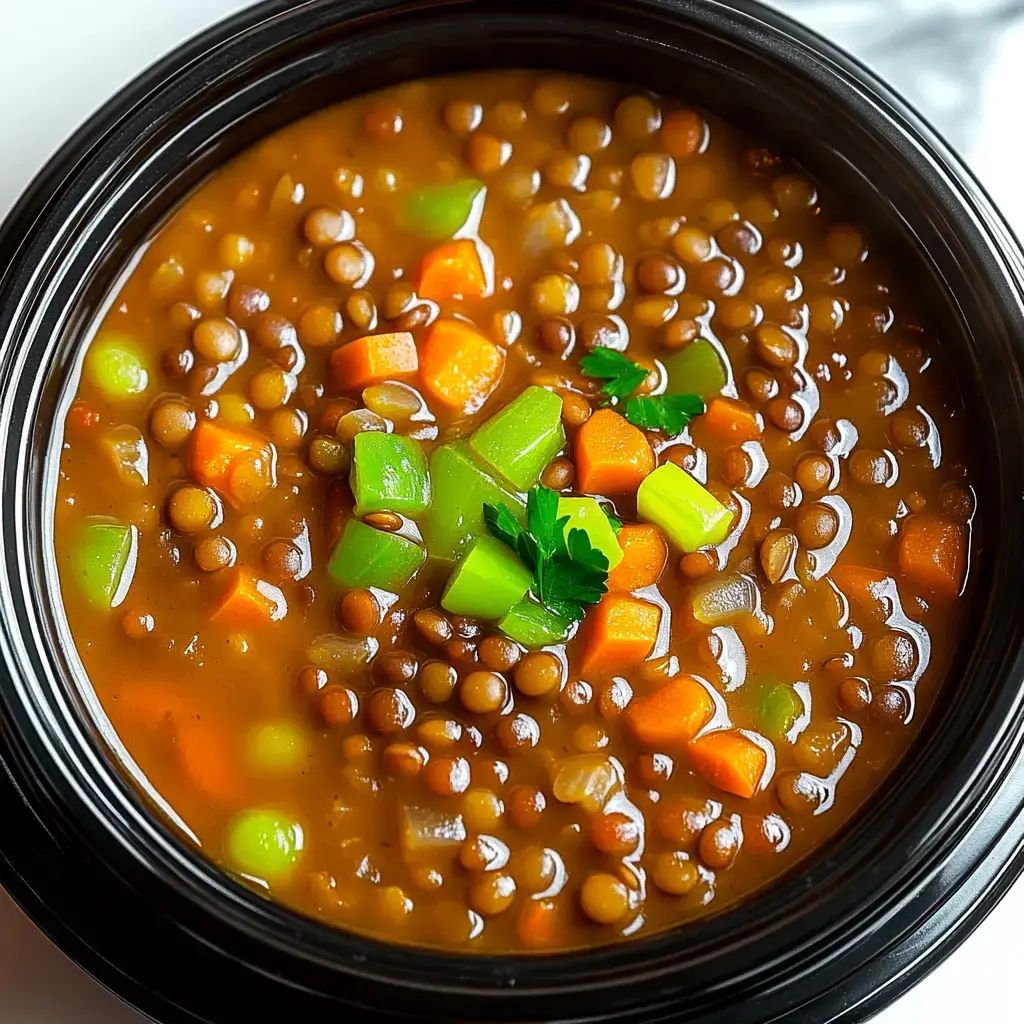 Un bol noir rempli de soupe de lentilles, avec des poivrons verts, des carottes et un peu de persil en garniture.