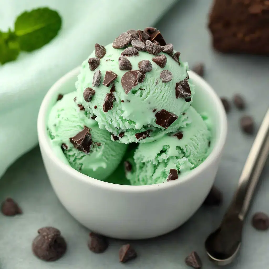 Un bol blanc rempli de glace menthe chocolat, garni de pépites de chocolat, posé sur une surface grise avec une cuillère et des pépites dispersées.