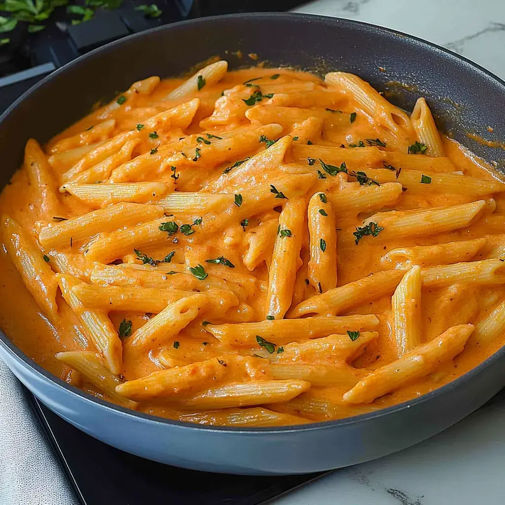 Gros plan de penne nappées d'une sauce orange crémeuse, garnies d'herbes hachées, dans une poêle noire.