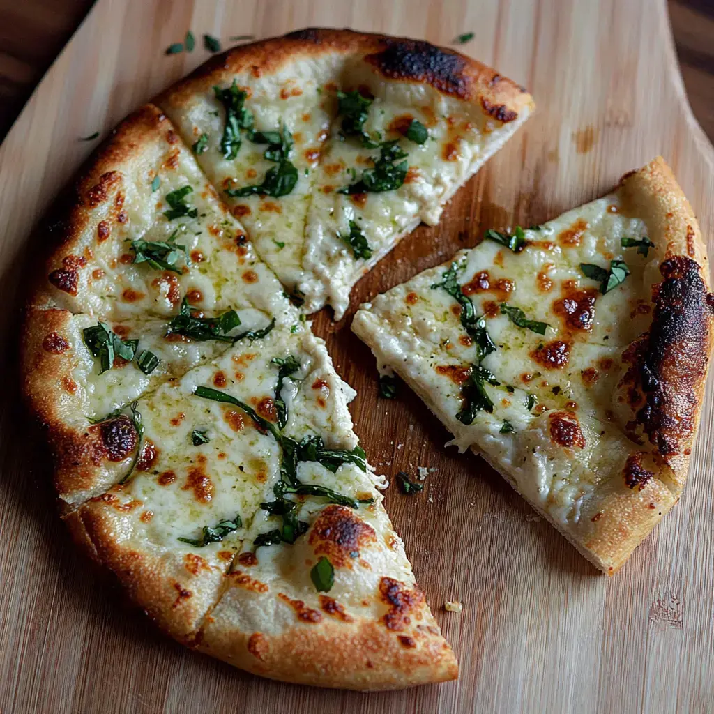 Une pizza plate fraîchement cuite avec du fromage fondu et des herbes vertes éparpillées, une part légèrement retirée, sur une planche en bois.