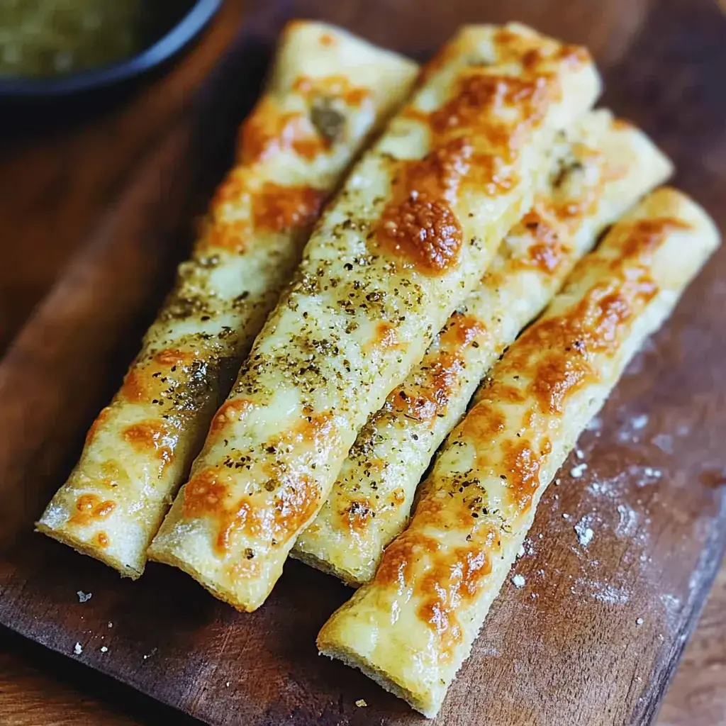 Quatre bâtonnets dorés au fromage et aux herbes, posés sur une planche en bois.