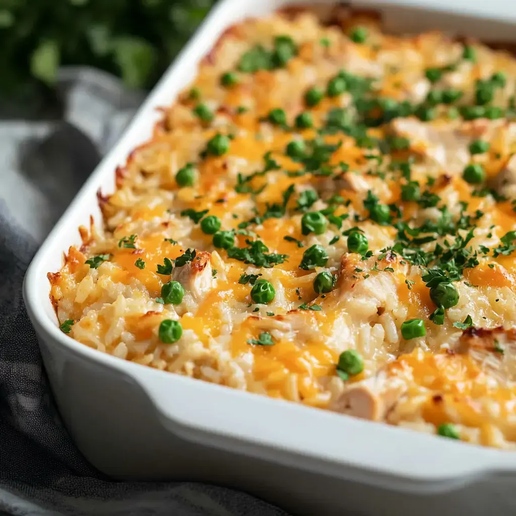 Un gros plan d'un gratin cuit au four rempli de riz, poulet, fromage et petits pois, décoré avec du persil haché.