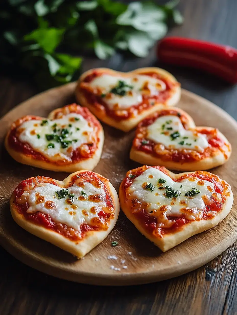 Un plateau en bois présente cinq mini-pizzas en forme de cœur garnies de fromage et de sauce tomate, parsemées d'herbes hachées.