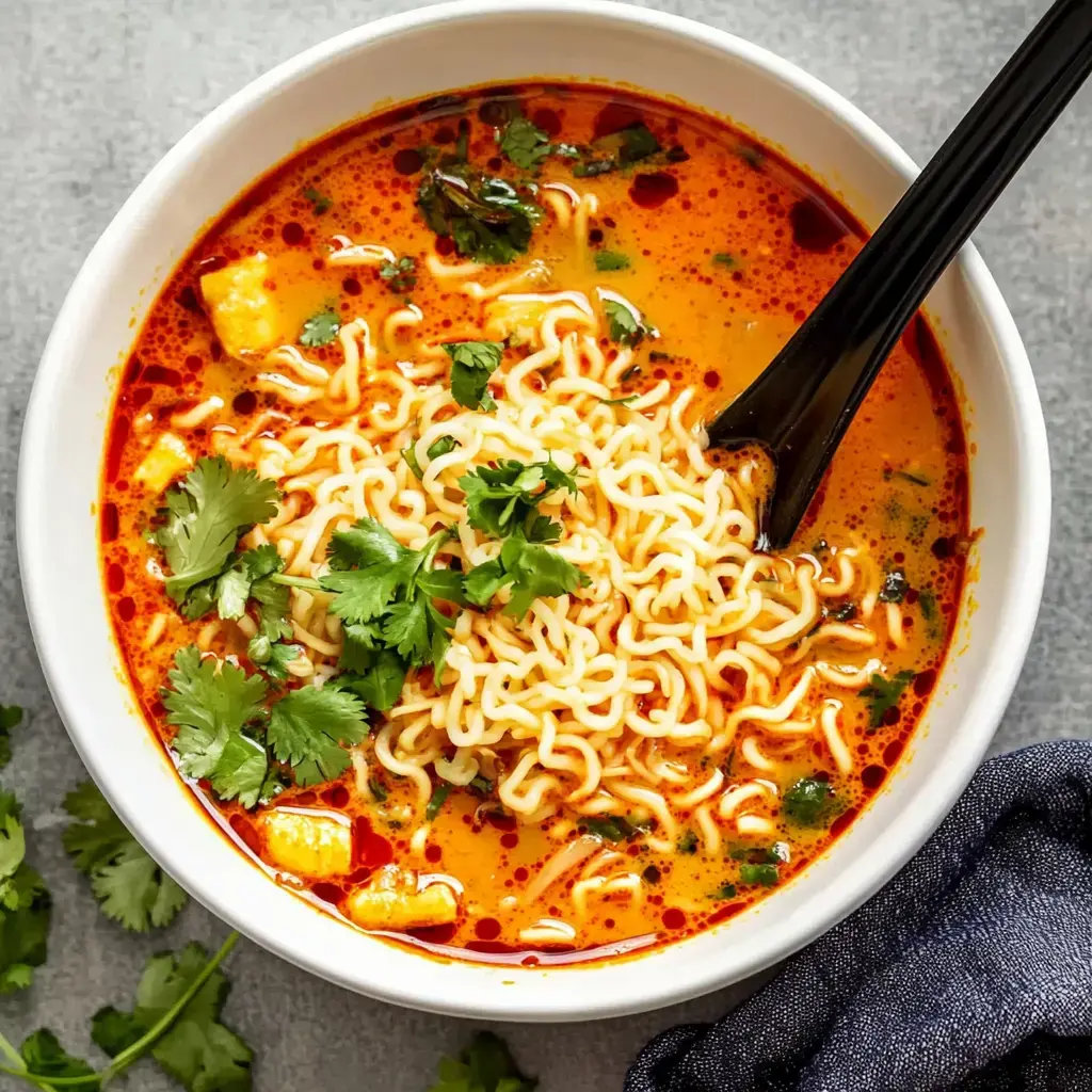 Un bol de soupe épicée aux nouilles garni de coriandre fraîche et entouré d'herbes vertes.