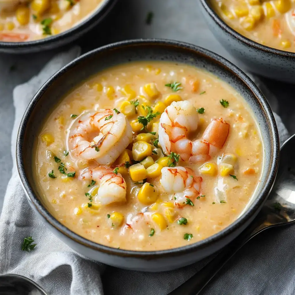 Gros plan d'une soupe crémeuse aux crevettes et maïs parsemée de persil.