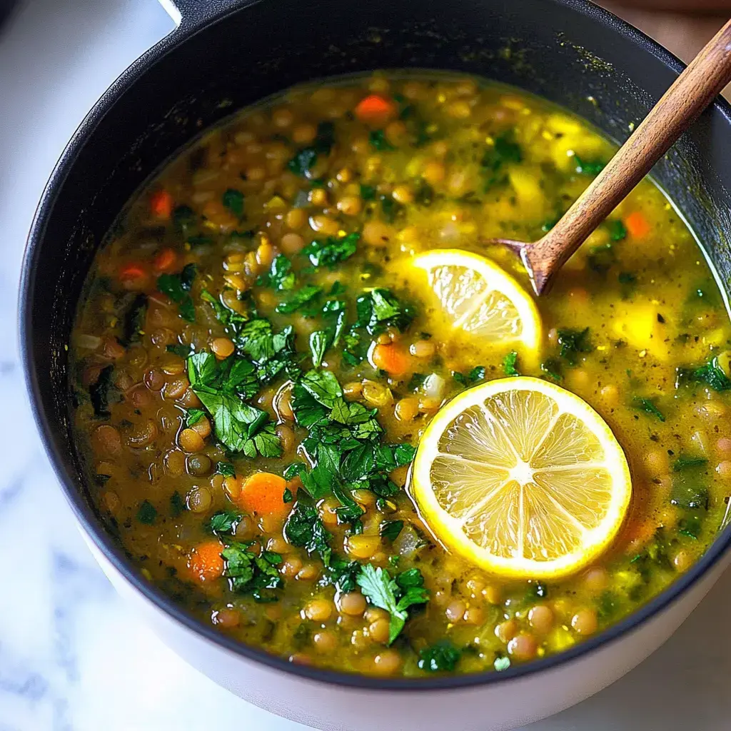 Gros plan sur une casserole de soupe aux lentilles avec herbes fraîches et tranches de citron.