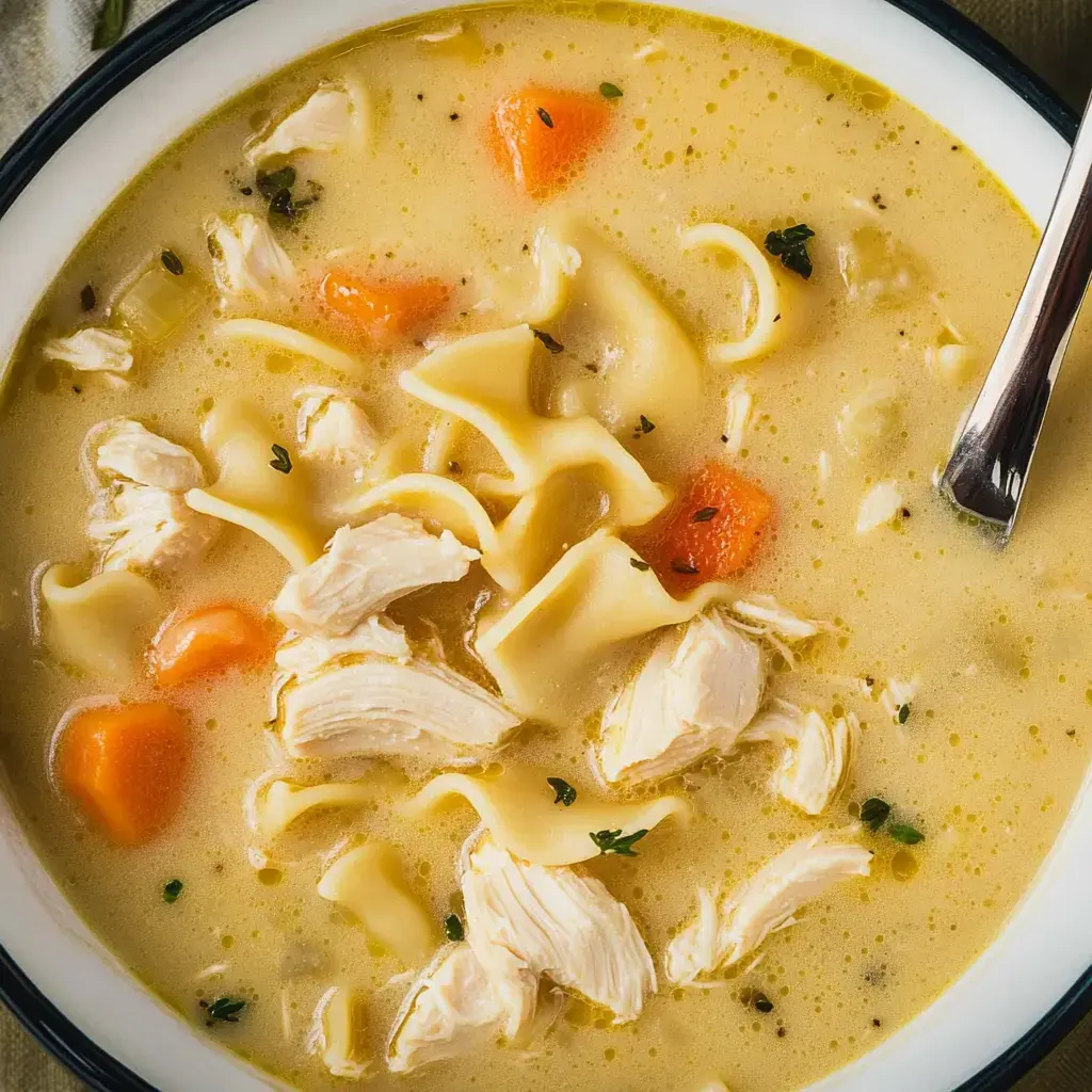 Un gros plan d'un bol de soupe poulet avec morceaux de poulet, nouilles, carottes et herbes dans un bouillon crémeux.