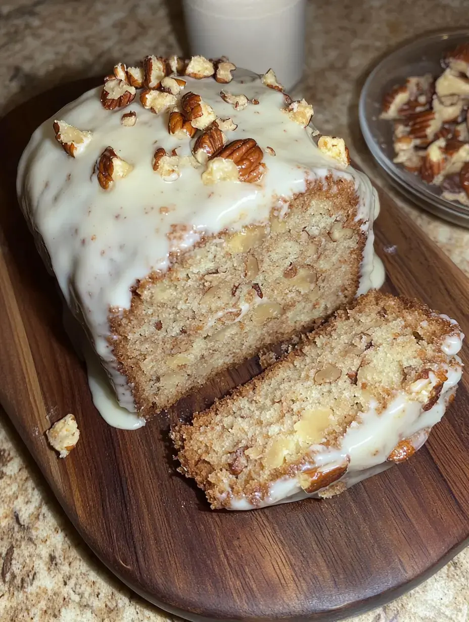 Une tranche de cake recouverte de glaçage blanc et de noix concassées, posée sur une planche en bois.