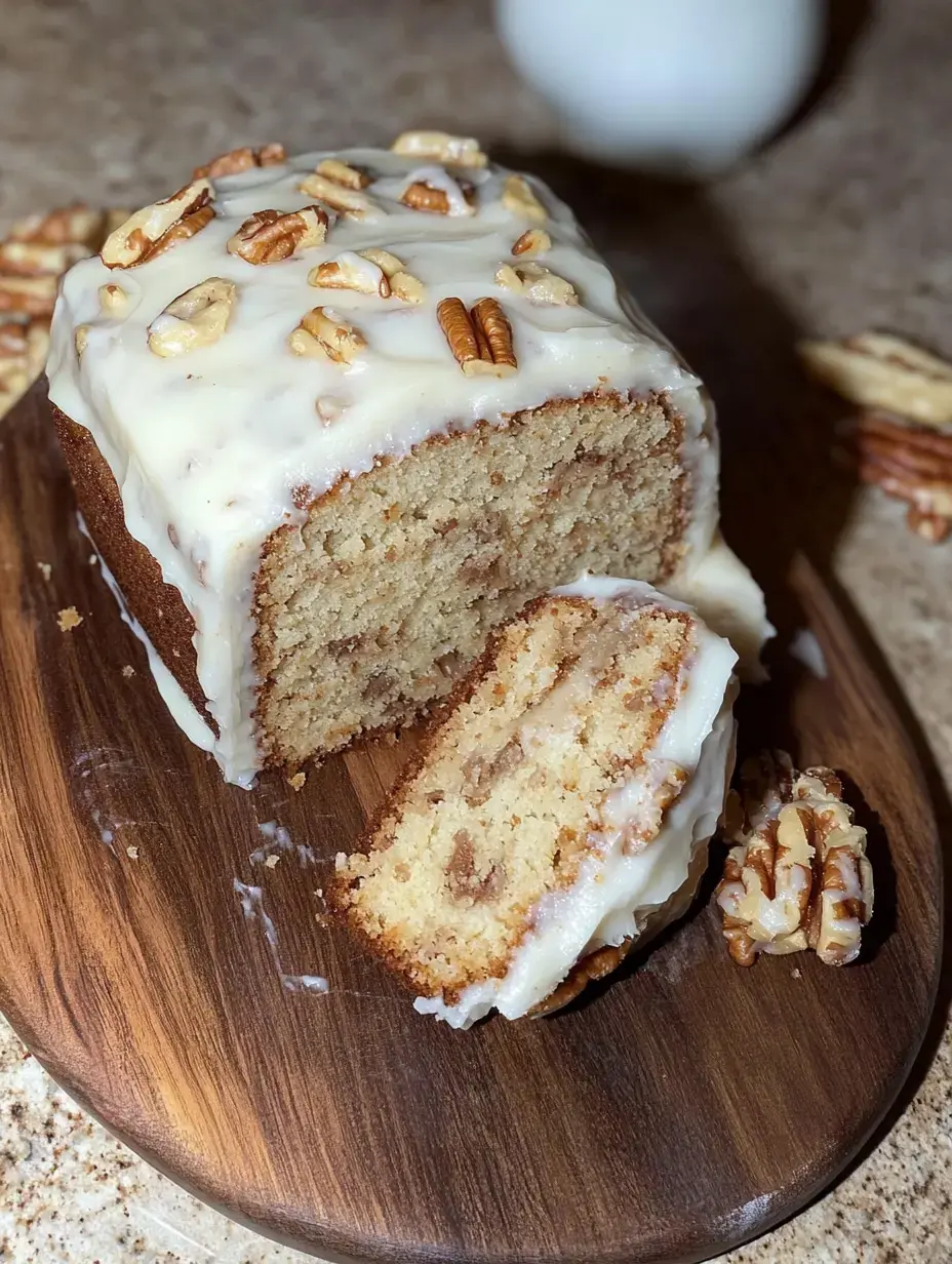 Un cake tranché avec glaçage blanc et noix de pécan sur une planche en bois.