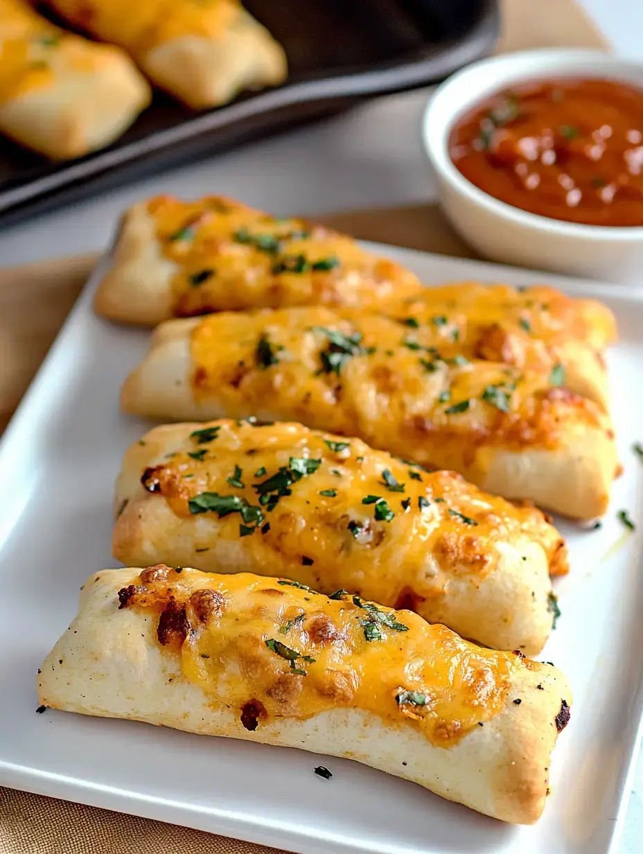 Une assiette avec quatre bâtonnets fromage, dorés et garnis d’herbes, accompagnés d’un petit bol de sauce tomate.