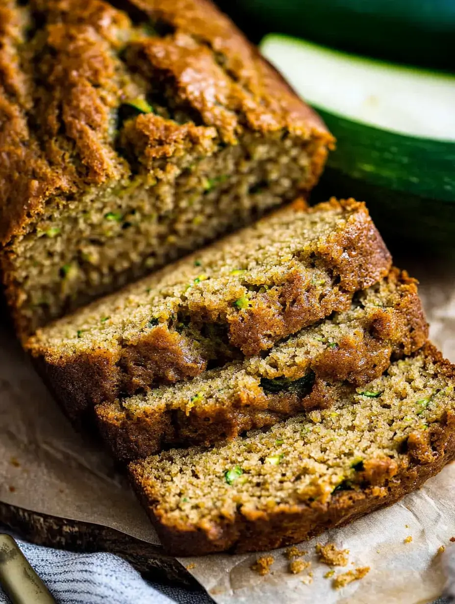 Un pain aux courgettes tout juste sorti du four, tranché avec des courgettes entières derrière.
