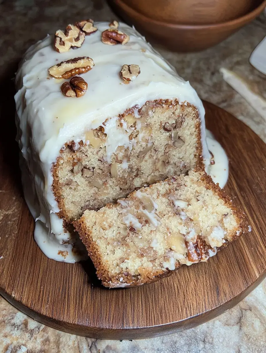 Un cake tranché nappé de glaçage blanc et de noix de pécan sur une assiette en bois.