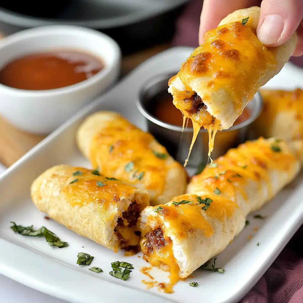 Une main attrape un rouleau garni de viande et fromage, sortant d’une assiette pleine de bouchées similaires et de sauces à tremper.