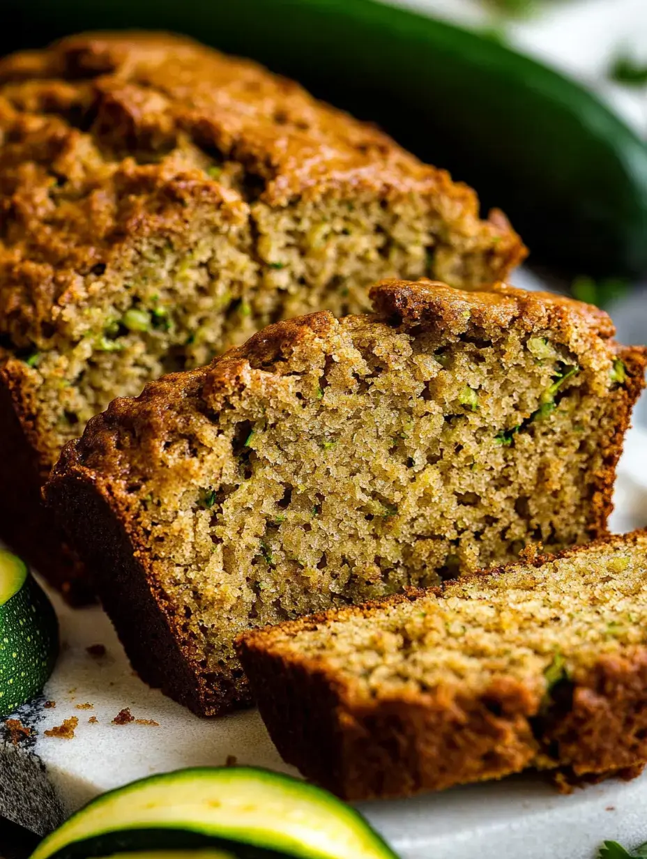 Un pain aux courgettes coupé en tranches, on voit bien sa texture moelleuse avec des morceaux de courgette.