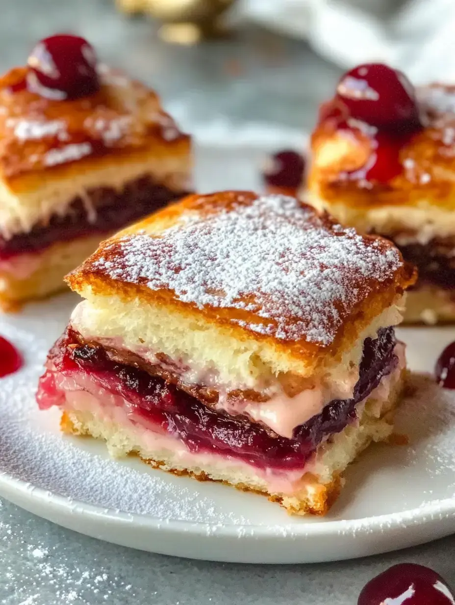 Une part de dessert en couches avec crème et fruits, poudre de sucre glace et une cerise, posée sur une assiette blanche.
