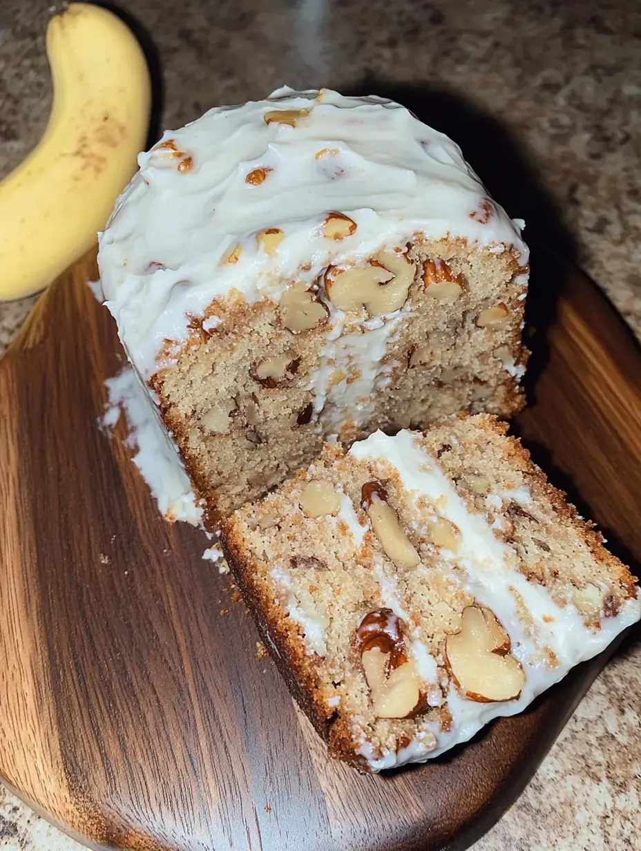 Un cake aux noix nappé de fromage frais, découpé sur une planche en bois à côté d’une banane.