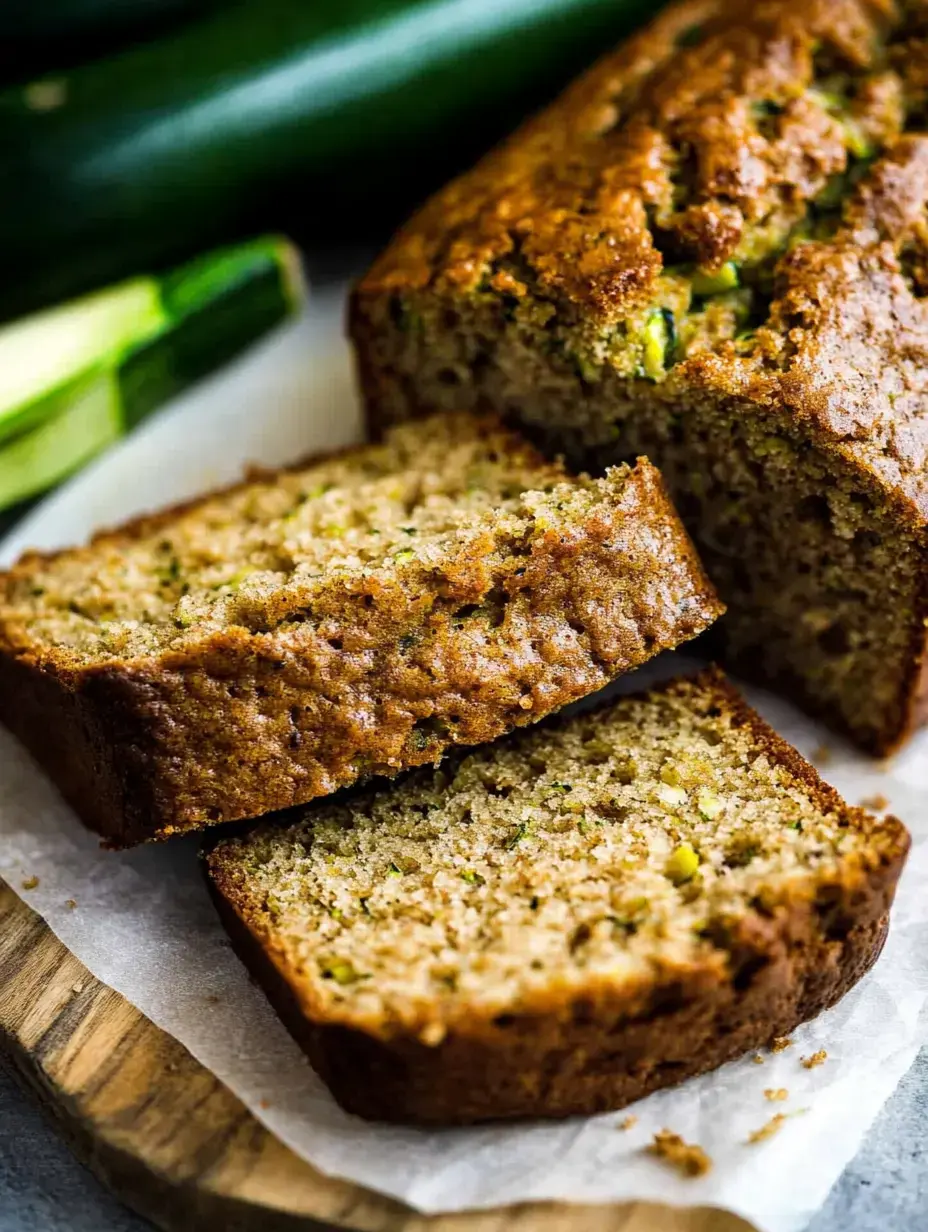 Un pain aux courgettes tranché sur une planche en bois, posé devant des courgettes entières.