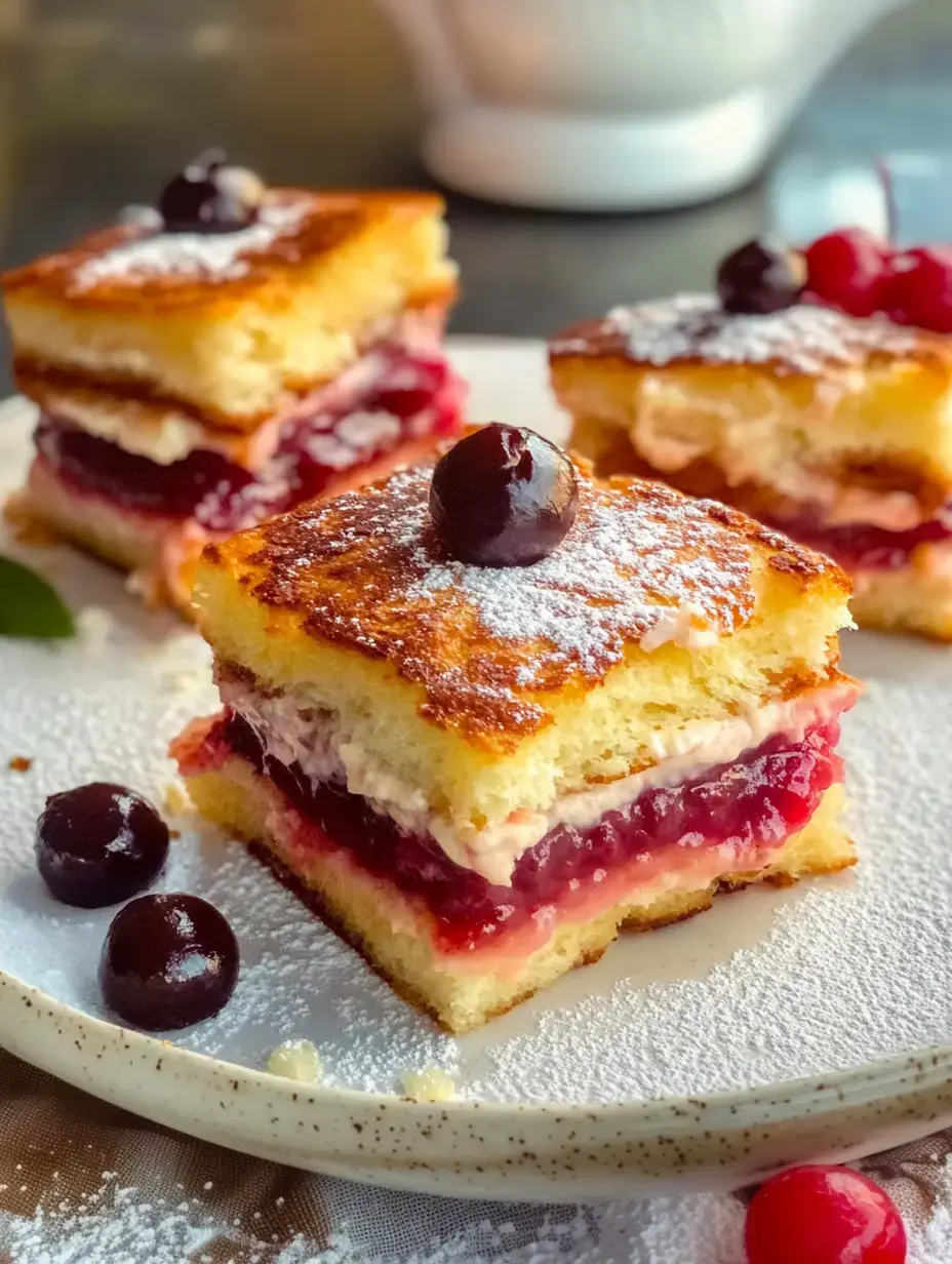 Zoom sur des carrés de brioche garnis de crème et confiture, couronnés d’une cerise et de sucre glace.