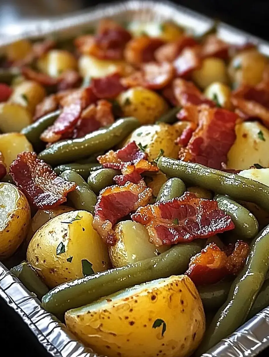 Gros plan sur un plat en alu garni de pommes de terre rôties, haricots verts et bacon croustillant.