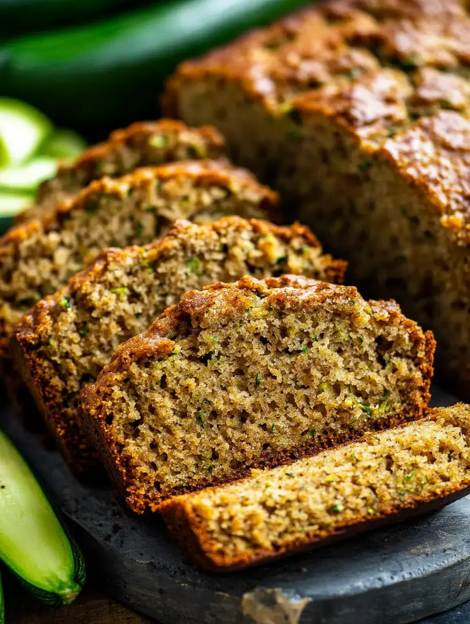 Un pain aux courgettes en tranches sur une table sombre, des courgettes entières derrière.