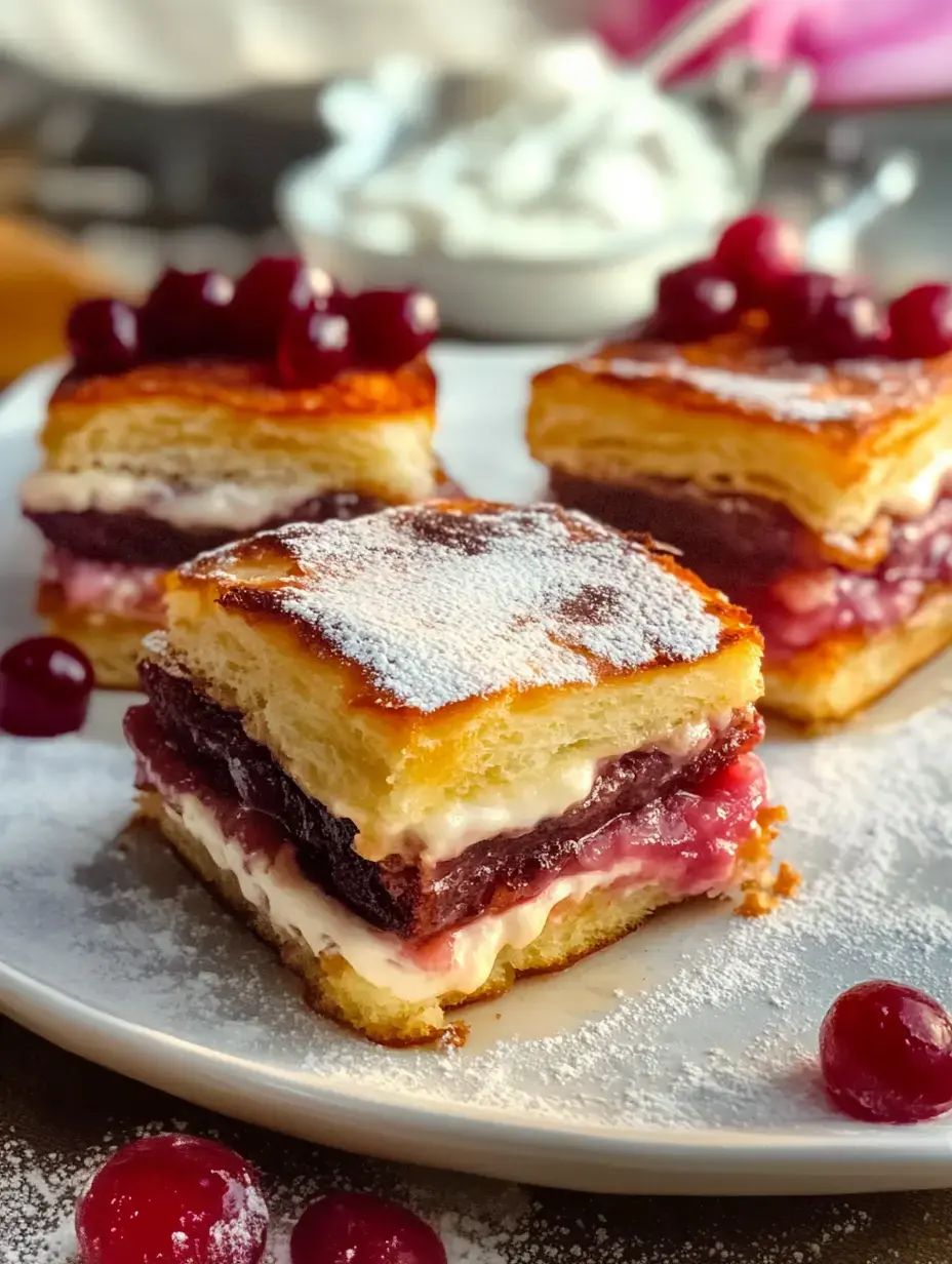Gros plan sur des carrés briochés fourrés à la crème et confiture, des cerises dessus, sucre glace sur le tout, assiette blanche.