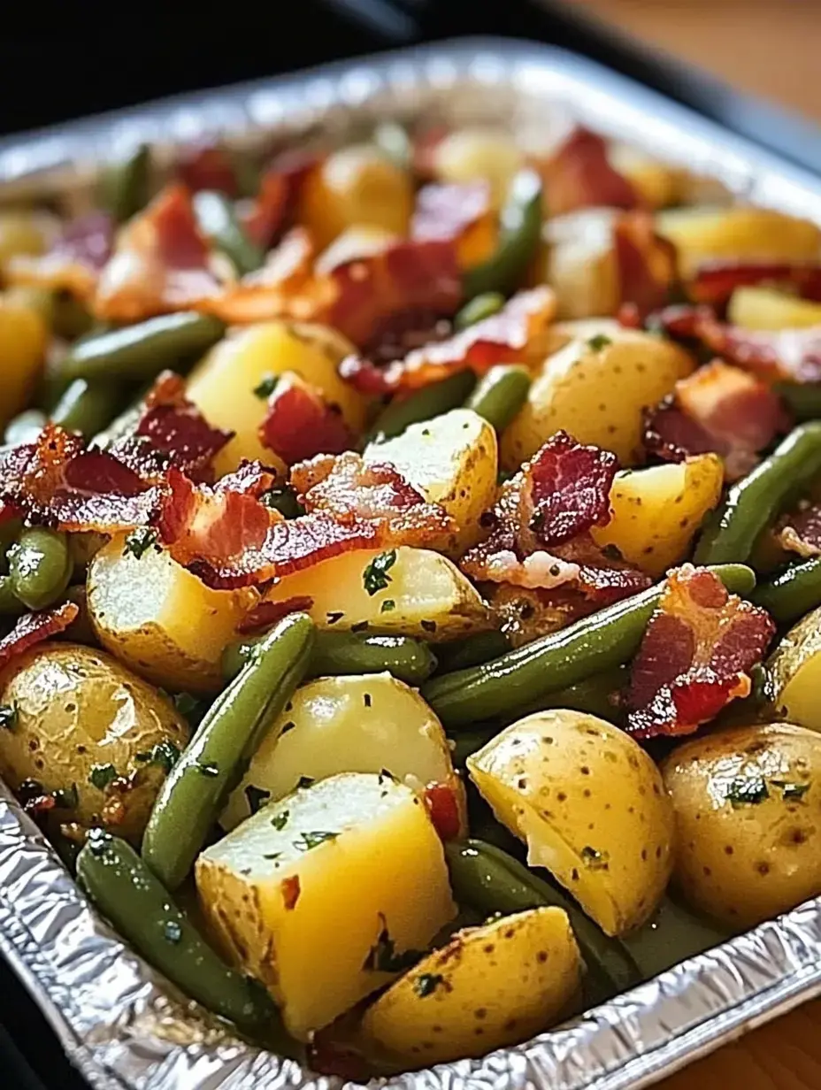 Un plat en alu rempli de dés de pommes de terre, haricots verts, bacon croustillant et herbes fraîches.