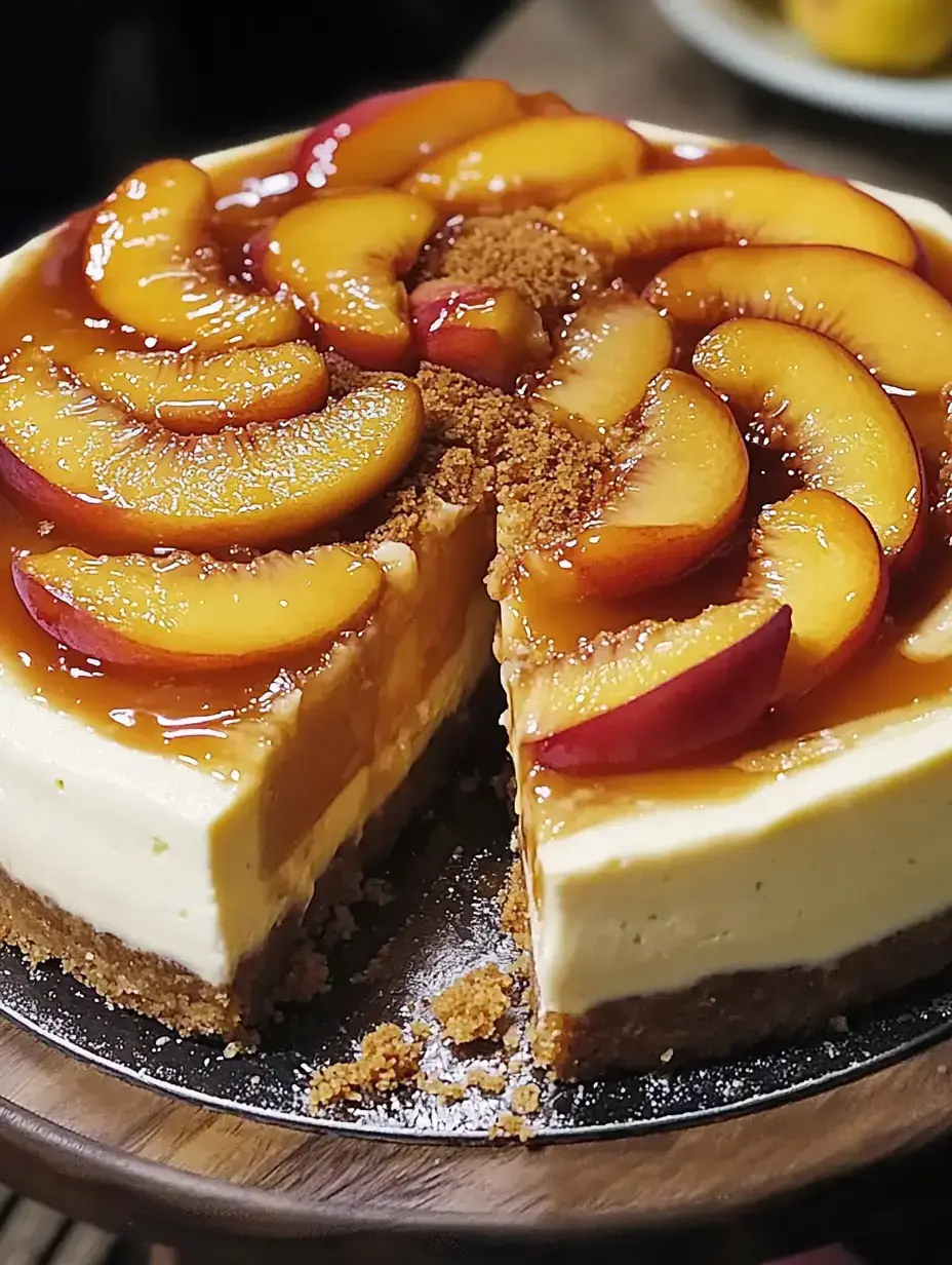 Un cheesecake ultra crémeux couronné de pêches brillantes et d'un nappage caramel, une part tassée à côté.
