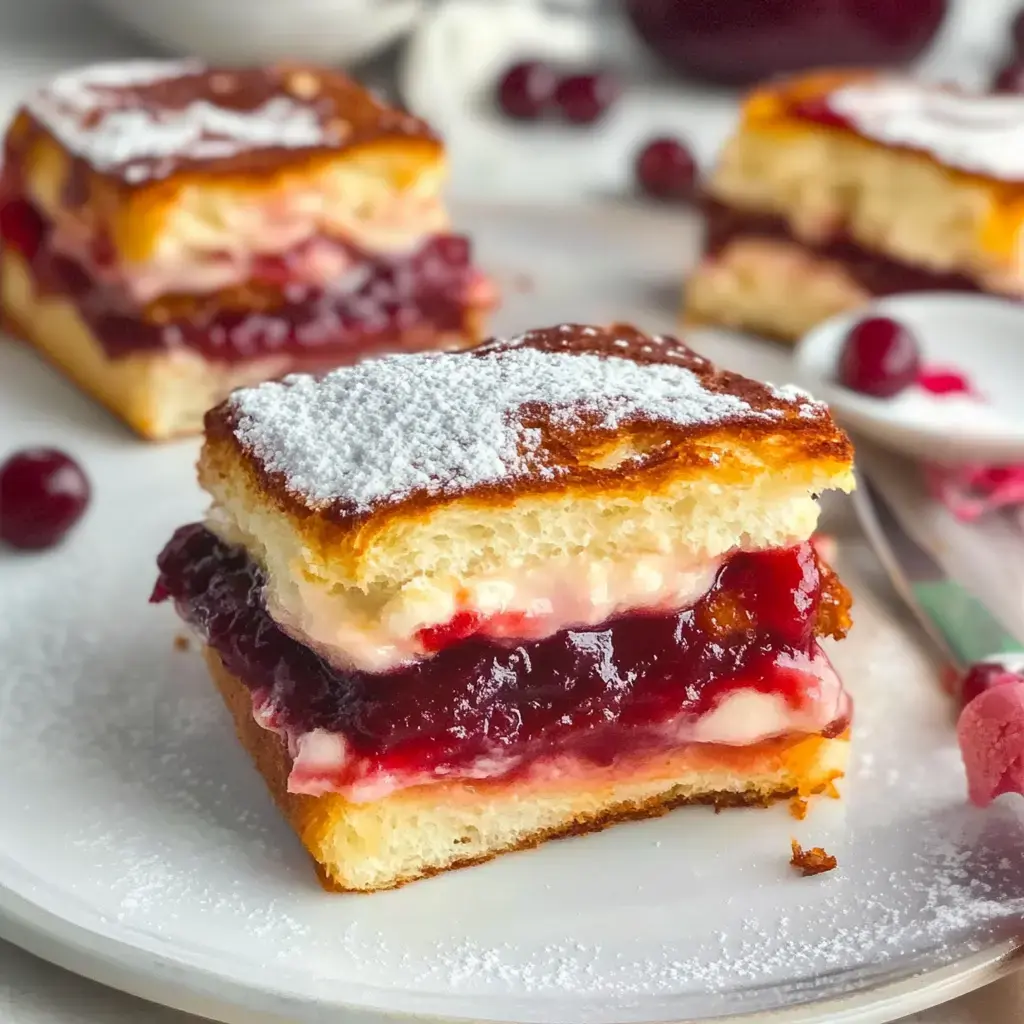 Gros plan d’un carré de brioche moelleuse, crème et confiture, sucre glace, dans l’assiette blanche.